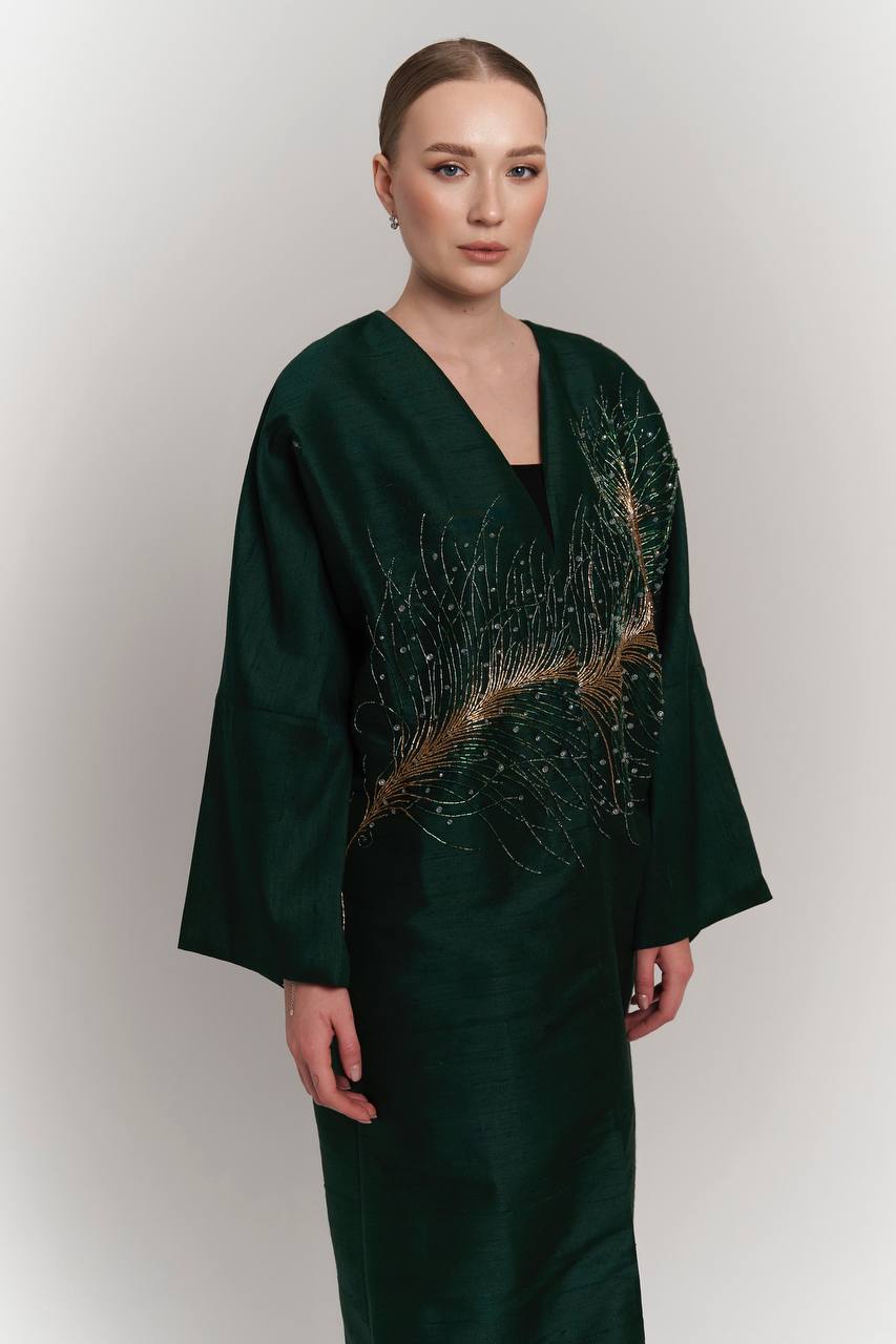 DARK GREEN RAW SILK ABAYA