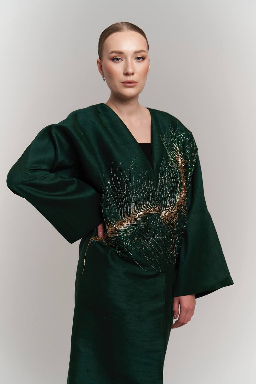 DARK GREEN RAW SILK ABAYA
