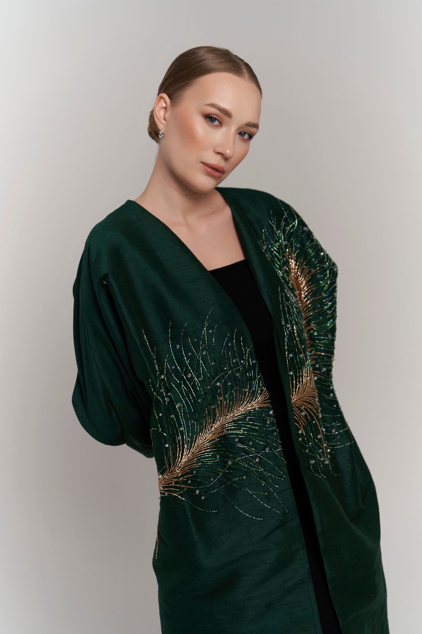 DARK GREEN RAW SILK ABAYA