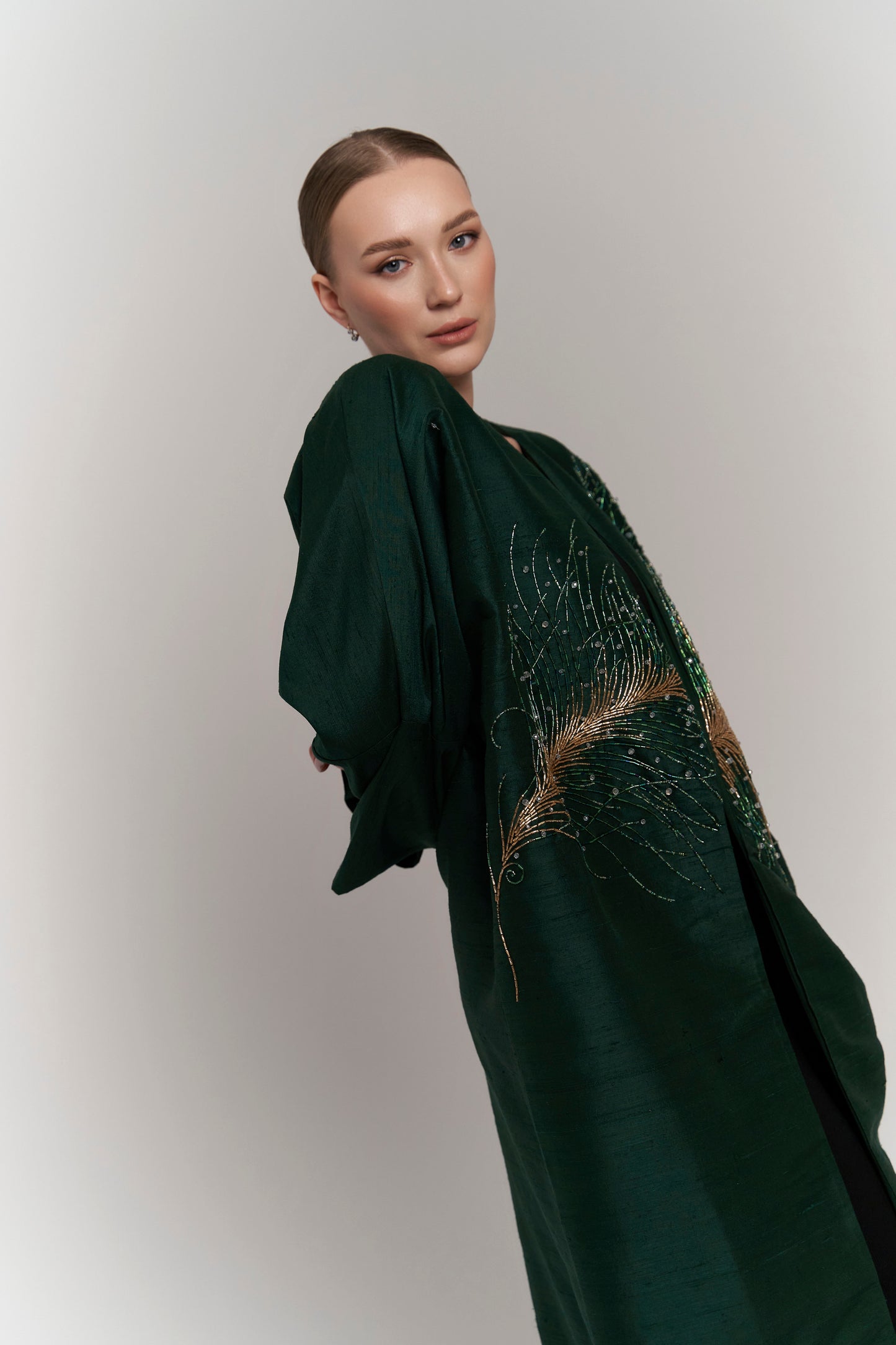 DARK GREEN RAW SILK ABAYA