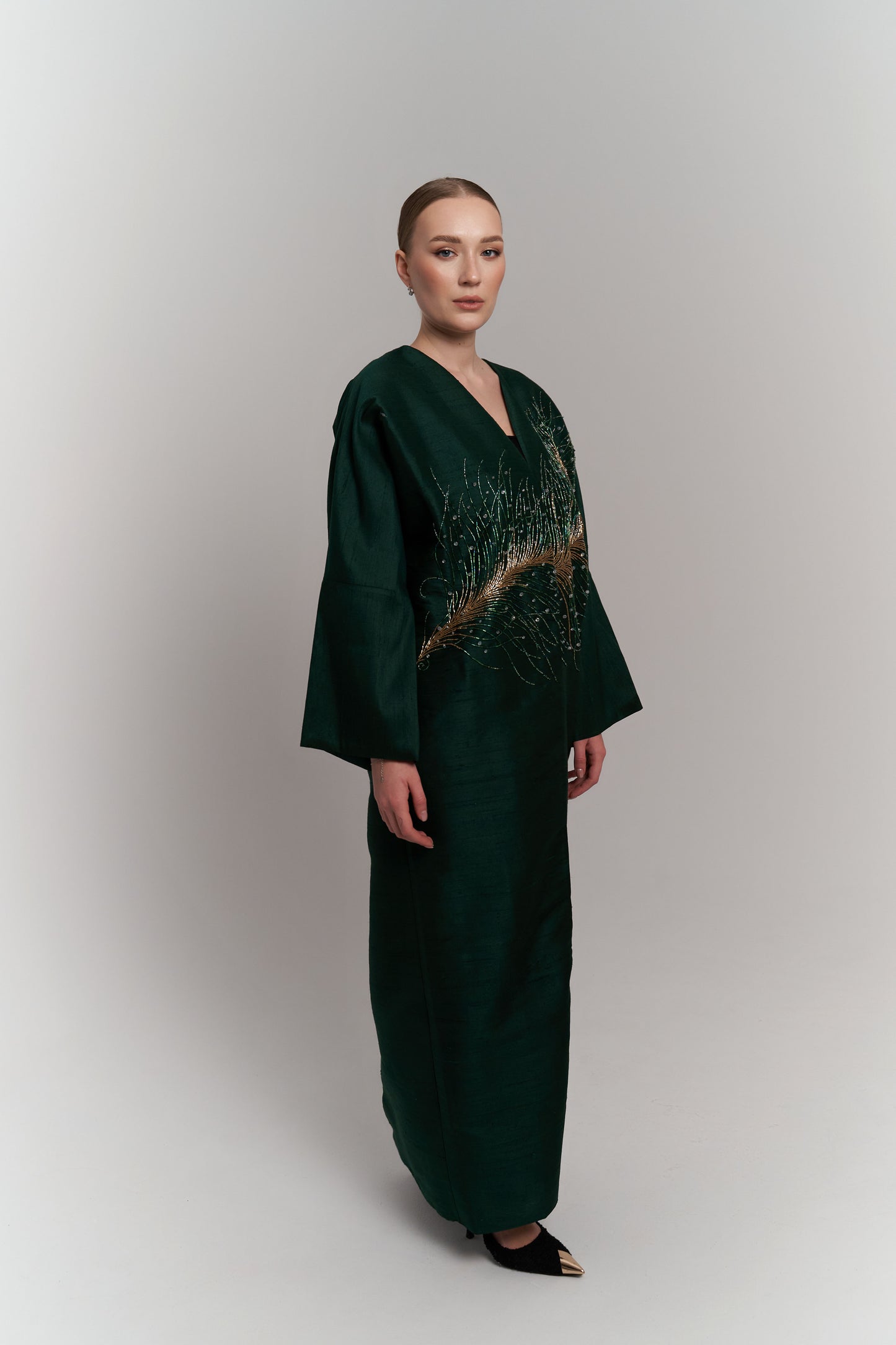 DARK GREEN RAW SILK ABAYA